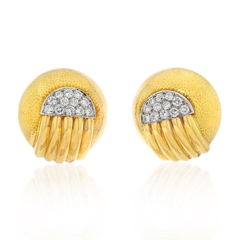 David Webb 18K Gold Platinum And Diamond Round Dome Articulated Clip Earrings